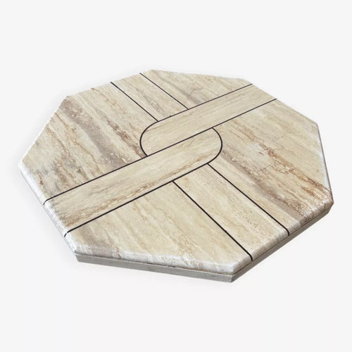 Vintage Octagonal Travertine Coffee Table with Geometric Pattern, 1970